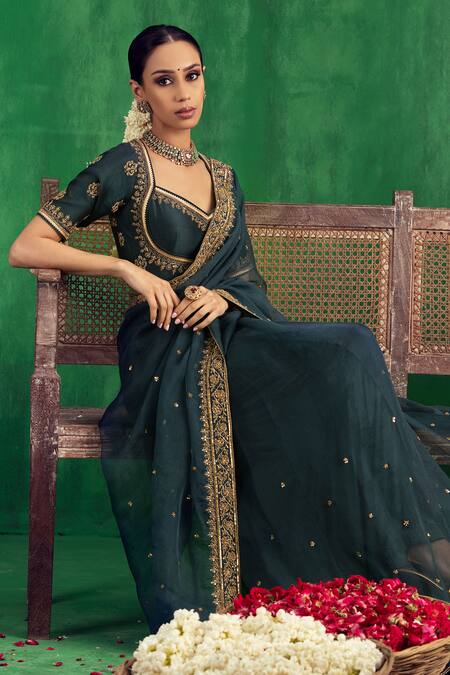 Buy_Jigar Mali_Green Organza Embroidery, Zari Sweetheart Neck Saree And Blouse Set _Online_at_Aza_Fashions