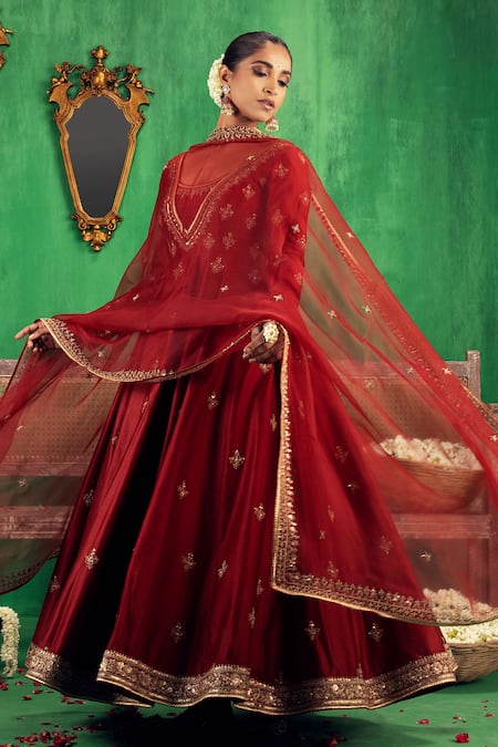 Jigar Mali Embroidered Chanderi Anarkali Churidar Set 