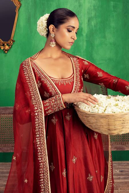 Buy_Jigar Mali_Maroon Chanderi Embroidery, Zari Sweetheart Neck Anarkali Churidar Set _Online_at_Aza_Fashions