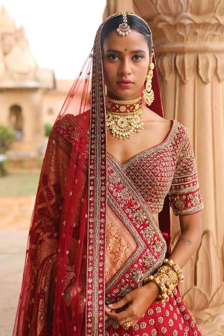 Jigar Mali Embroidered Raw Silk Lehenga Set With Dupattas 