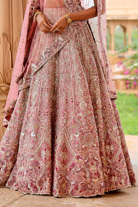 Jigar Mali_Pink Silk Embroidery, Zari, Sequins V-neck Lehenga Set With Double Dupatta _Online_at_Aza_Fashions
