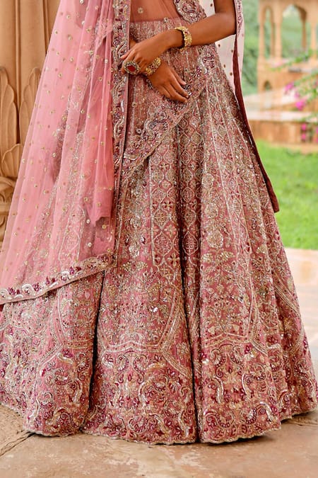 Buy_Jigar Mali_Pink Silk Embroidery, Zari, Sequins V-neck Lehenga Set With Double Dupatta _Online_at_Aza_Fashions
