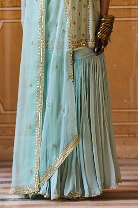 Jigar Mali_Mint Dupion Embroidery, Zari V-neck Kurta Gharara And Dupatta Set _Online_at_Aza_Fashions