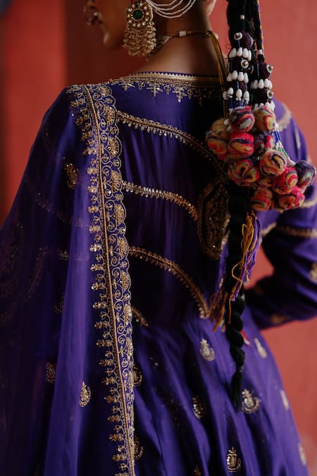 Jigar Mali_Purple Silk Zari, Embroidery V-neck Anarkali Jacket Lehenga Set _Online_at_Aza_Fashions
