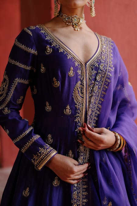 Buy_Jigar Mali_Purple Silk Zari, Embroidery V-neck Anarkali Jacket Lehenga Set _Online_at_Aza_Fashions