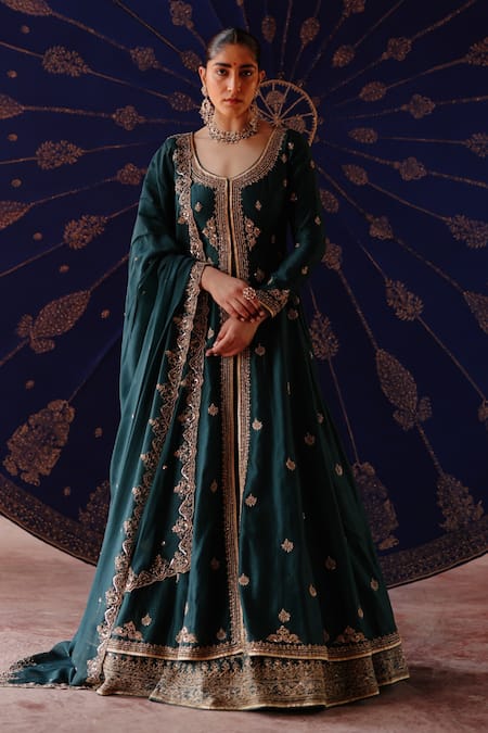 Jigar Mali Green Silk Embroidery, Zari V-neck Jacket Lehenga And Dupatta Set 
