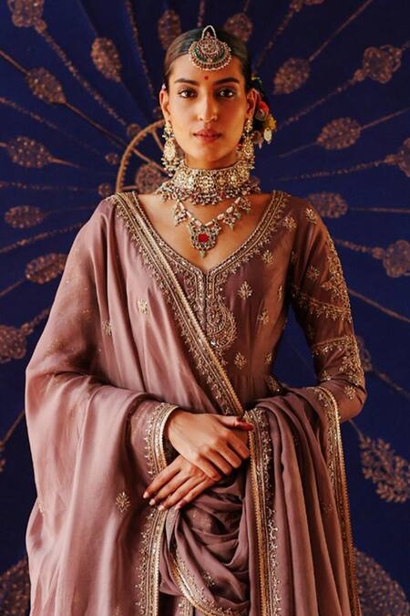 Jigar Mali_Purple Silk Zari, Embroidery, Gota Patti V-neck Jacket Lehenga Set _Online_at_Aza_Fashions