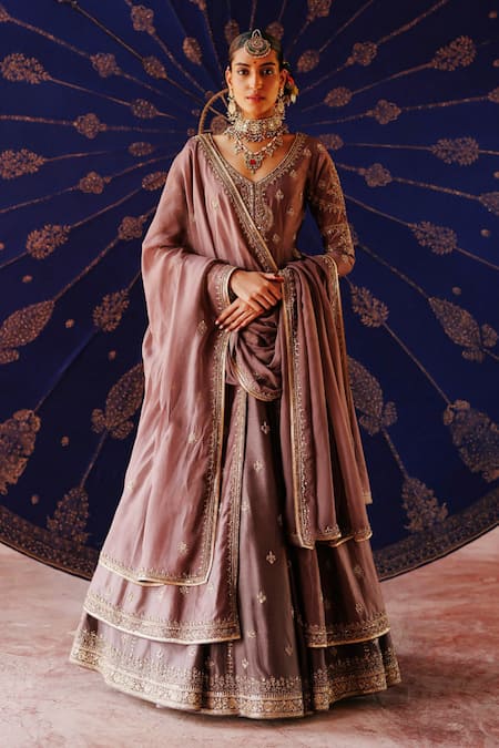 Jigar Mali Purple Silk Zari, Embroidery, Gota Patti V-neck Jacket Lehenga Set With Dupatta 