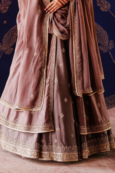 Buy_Jigar Mali_Purple Silk Zari, Embroidery, Gota Patti V-neck Jacket Lehenga Set _Online_at_Aza_Fashions