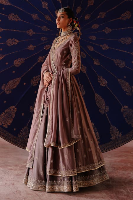 Shop_Jigar Mali_Purple Silk Zari, Embroidery, Gota Patti V-neck Jacket Lehenga Set _Online_at_Aza_Fashions