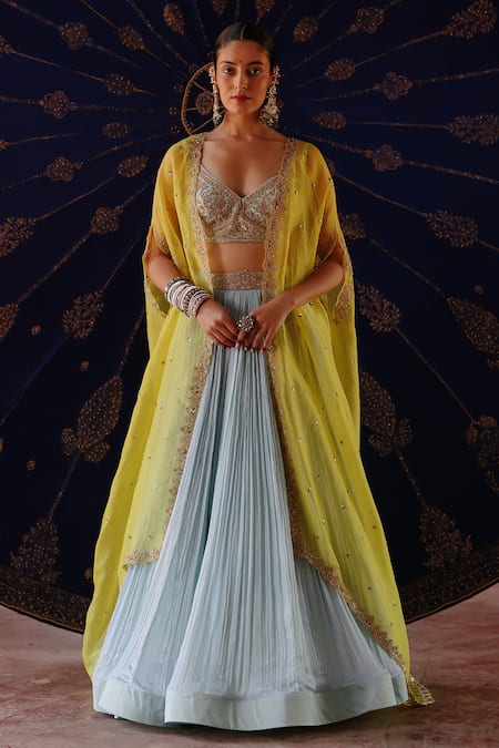 Jigar Mali Yellow Chanderi Embroidery, Zari Open Neck, Blouse, Pleated Sharara And Cape Set 