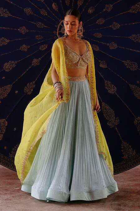 Jigar Mali_Yellow Chanderi Embroidery, Zari Open , Sweetheart Cape And Sharara Set _Online_at_Aza_Fashions