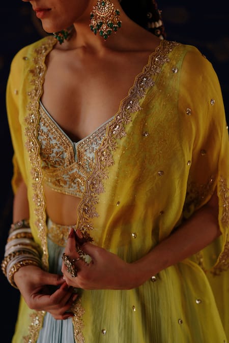 Buy_Jigar Mali_Yellow Chanderi Embroidery, Zari Open , Sweetheart Cape And Sharara Set _Online_at_Aza_Fashions