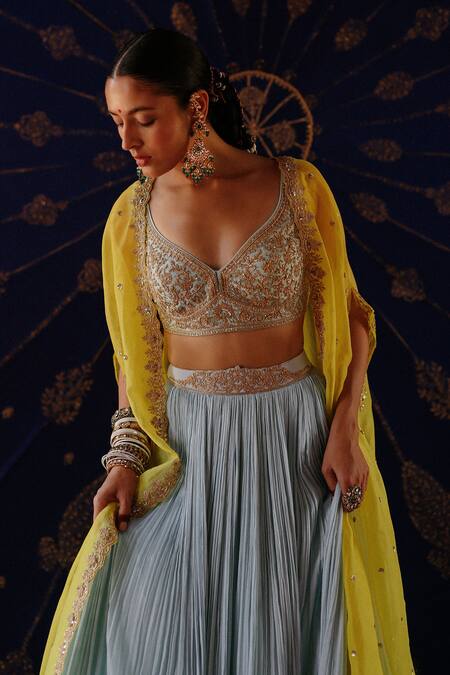 Shop_Jigar Mali_Yellow Chanderi Embroidery, Zari Open , Sweetheart Cape And Sharara Set _Online_at_Aza_Fashions