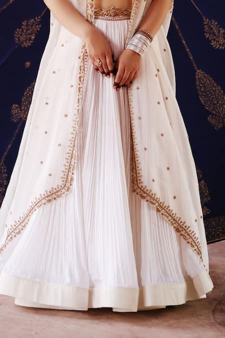 Jigar Mali_Ivory Chanderi Silk Zari, Embroidery Open , Sweetheart Lehenga Set _Online_at_Aza_Fashions