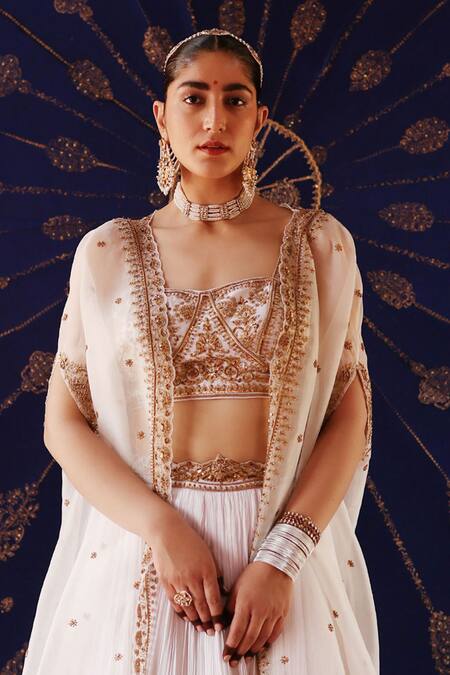 Buy_Jigar Mali_Ivory Chanderi Silk Zari, Embroidery Open , Sweetheart Lehenga Set _Online_at_Aza_Fashions