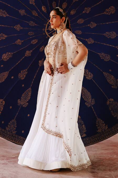 Shop_Jigar Mali_Ivory Chanderi Silk Zari, Embroidery Open , Sweetheart Lehenga Set _Online_at_Aza_Fashions