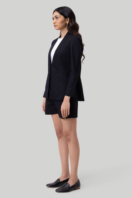 Reistor_Black Cotton Blend Open Front Blazer _Online_at_Aza_Fashions