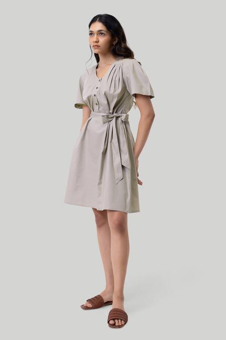 Reistor_Gray Cotton V-neck Pleated Tent Dress _Online_at_Aza_Fashions