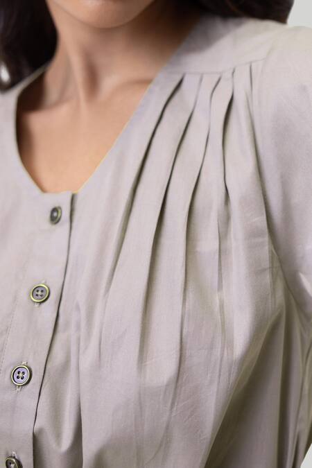 Buy_Reistor_Gray Cotton V-neck Pleated Tent Dress _Online_at_Aza_Fashions