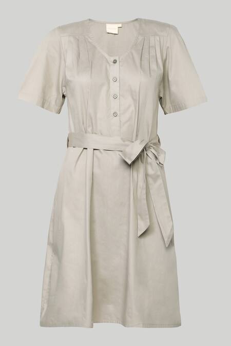 Shop_Reistor_Gray Cotton V-neck Pleated Tent Dress _Online_at_Aza_Fashions