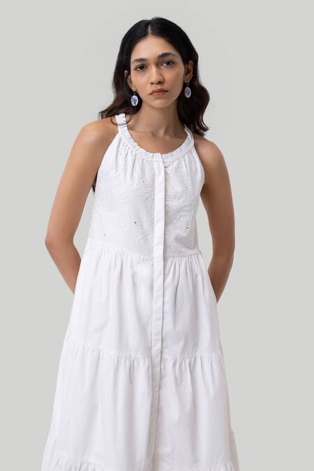 Reistor_White Cotton Embroidery, Cut Work Halter Neck Tiered Dress _Online_at_Aza_Fashions