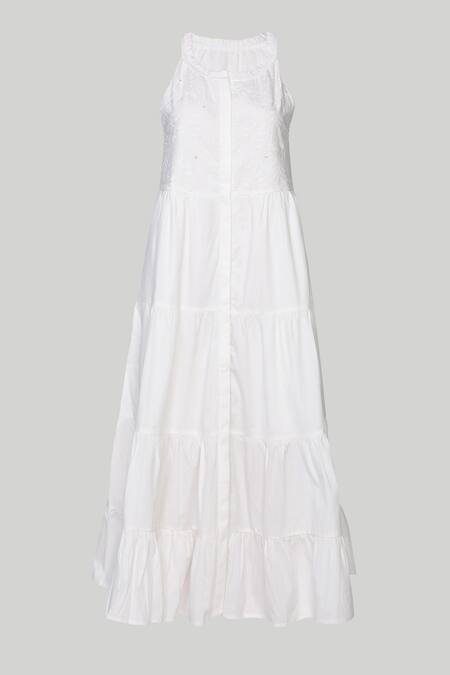 Shop_Reistor_White Cotton Embroidery, Cut Work Halter Neck Tiered Dress _Online_at_Aza_Fashions