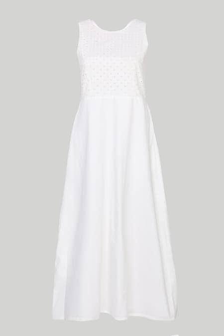 Reistor White Cotton Embroidery Round Neck Coconut Cross-back Midi Dress Online at Aza Fashions Reistor_White Cotton Embroidery Round Neck Coconut Cross-back Midi Dress _Online_at_Aza_Fashions