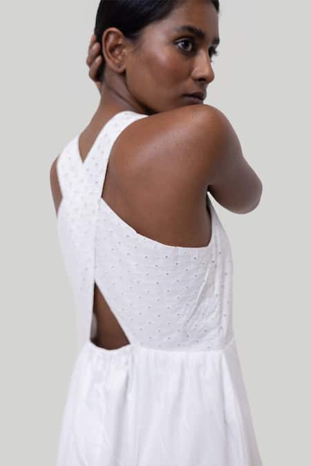 Buy Reistor White Cotton Embroidery Round Neck Coconut Cross-back Midi Dress Online at Aza Fashions Buy_Reistor_White Cotton Embroidery Round Neck Coconut Cross-back Midi Dress _Online_at_Aza_Fashions