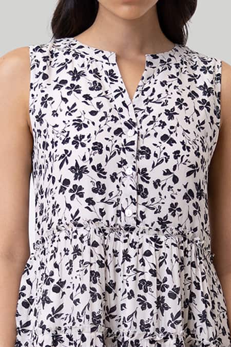 Shop_Reistor_Off White Cotton Split V-neck Floral Print Tiered Maxi Dress _Online_at_Aza_Fashions