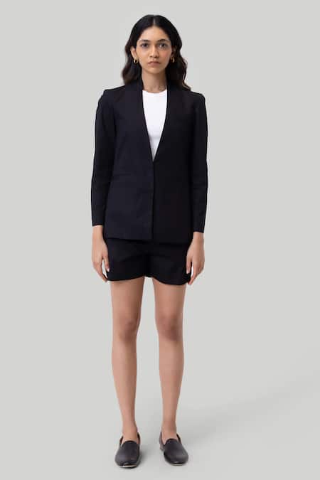 Shop Reistor Black Cotton Collarless Blazer And Shorts Set at Aza Fashions Shop_Reistor_Black Cotton Collarless Blazer And Shorts Set _at_Aza_Fashions