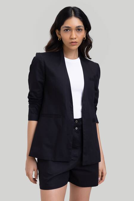 Buy Reistor Black Cotton Collarless Blazer And Shorts Set Online at Aza Fashions Buy_Reistor_Black Cotton Collarless Blazer And Shorts Set _Online_at_Aza_Fashions