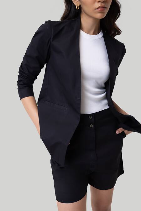 Shop Reistor Black Cotton Collarless Blazer And Shorts Set Online at Aza Fashions Shop_Reistor_Black Cotton Collarless Blazer And Shorts Set _Online_at_Aza_Fashions