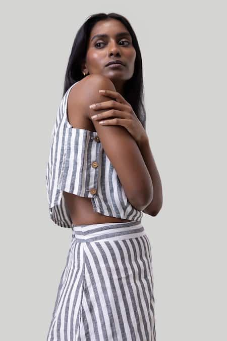 Buy_Reistor_Blue Cotton Round Neck Striped Boxy Crop Top With Overlap Midi Skirt _Online_at_Aza_Fashions