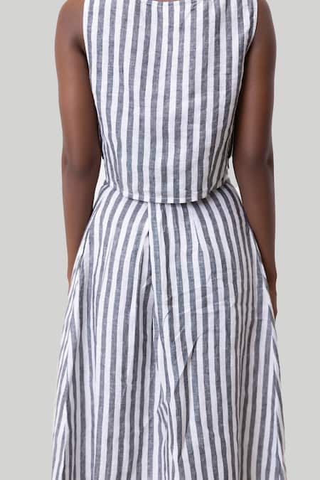 Reistor_Blue Cotton Round Neck Striped Boxy Crop Top With Overlap Midi Skirt _at_Aza_Fashions