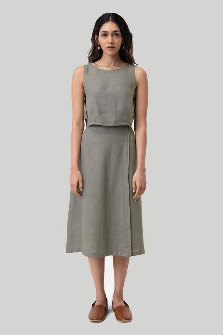 Reistor_Olive Green Cotton Round Neck Boxy Crop Top And Overlap Midi Skirt Set _Online_at_Aza_Fashions