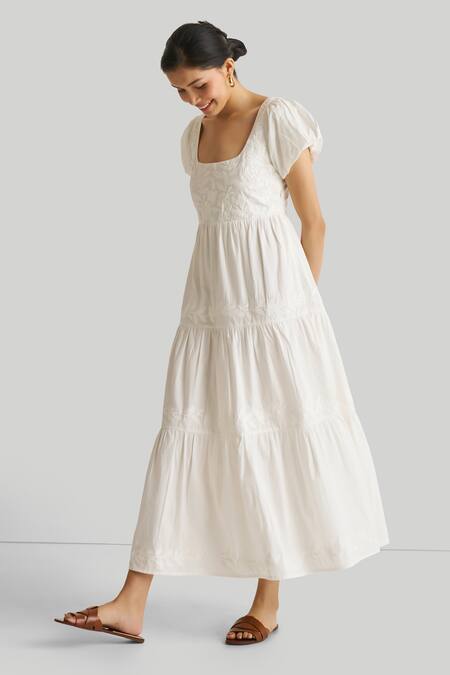 Buy_Reistor_Off White Cotton Embroidery Square Neck Tiered Dress _Online_at_Aza_Fashions