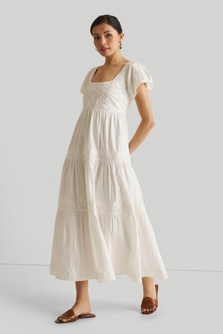 Shop_Reistor_Off White Cotton Embroidery Square Neck Tiered Dress _Online_at_Aza_Fashions