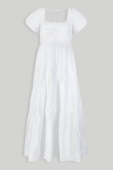 Reistor_Off White Cotton Embroidery Square Neck Tiered Dress _at_Aza_Fashions