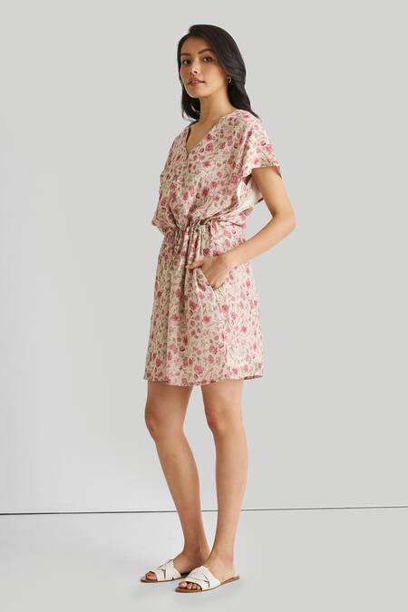 Reistor_Pink Crepe V-neck Floral Print Dress _Online_at_Aza_Fashions