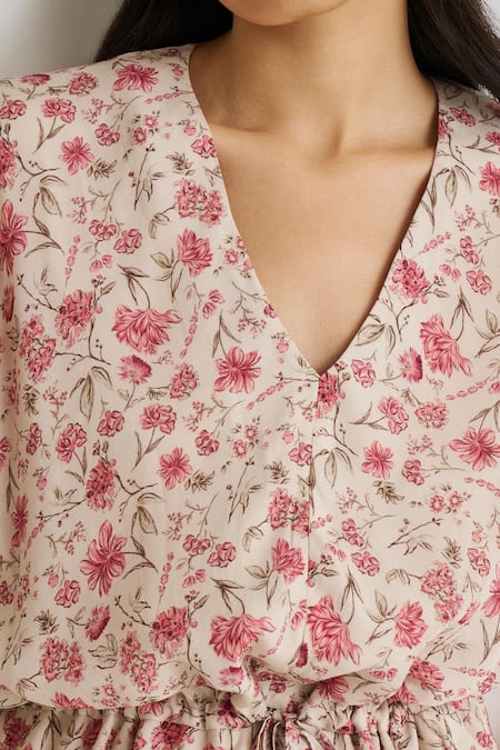 Shop_Reistor_Pink Crepe V-neck Floral Print Dress _Online_at_Aza_Fashions