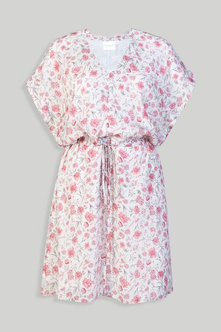 Reistor_Pink Crepe V-neck Floral Print Dress _at_Aza_Fashions