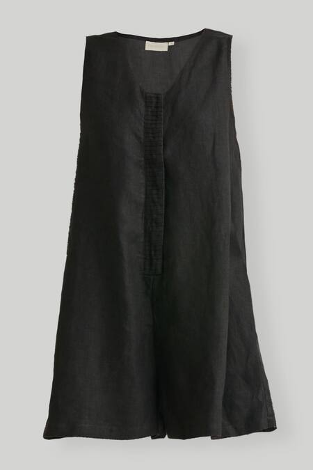 Reistor Black Cotton V-neck Pintuck Placket Romper Online at Aza Fashions Reistor_Black Cotton V-neck Pintuck Placket Romper _Online_at_Aza_Fashions