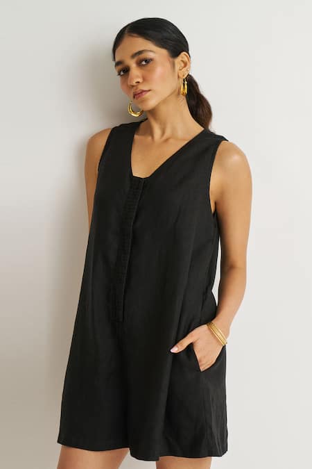 Reistor Pintuck Placket V-Neck Romper 