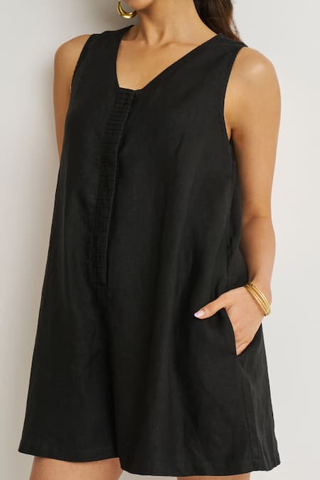 Shop Reistor Black Cotton V-neck Pintuck Placket Romper Online at Aza Fashions Shop_Reistor_Black Cotton V-neck Pintuck Placket Romper _Online_at_Aza_Fashions