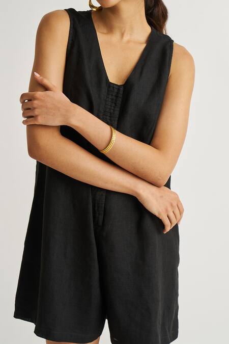 Reistor Black Cotton V-neck Pintuck Placket Romper at Aza Fashions Reistor_Black Cotton V-neck Pintuck Placket Romper _at_Aza_Fashions