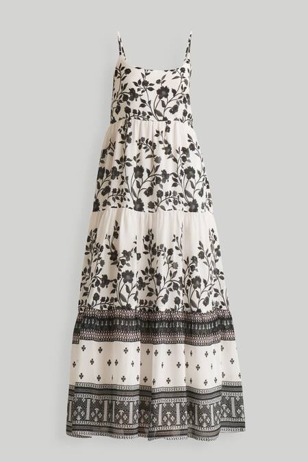 Reistor_White Crepe Square Neck Vines And Twirls Floral Tiered Maxi Dress _Online_at_Aza_Fashions