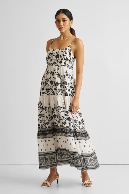 Buy_Reistor_White Crepe Square Neck Vines And Twirls Floral Tiered Maxi Dress _Online_at_Aza_Fashions