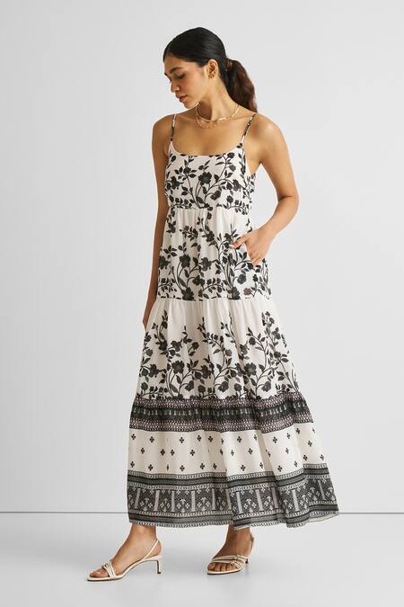 Reistor_White Crepe Square Neck Vines And Twirls Floral Tiered Maxi Dress _at_Aza_Fashions