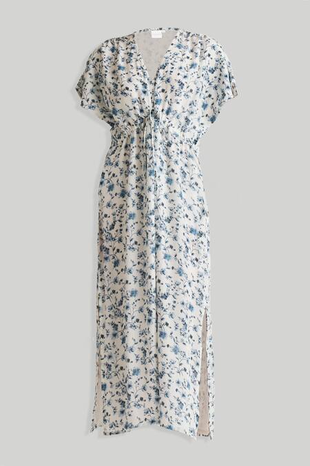 Reistor_White Crepe V-neck Floral Print Gathered Dress _Online_at_Aza_Fashions